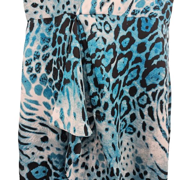 VTG Leslie Fey Womans size 12 Faux Wrap Animal Print Midi Sheath Dress Blue - Picture 3 of 8